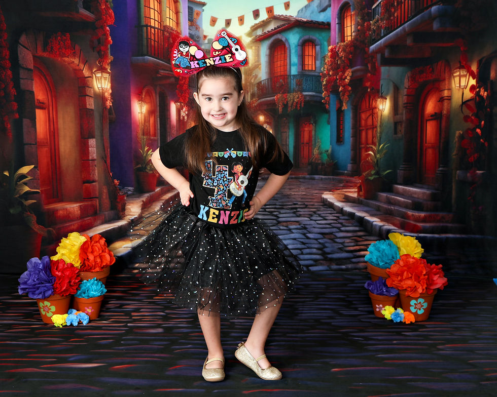 Girl in a Coco outfit on a Mexican street backdrop