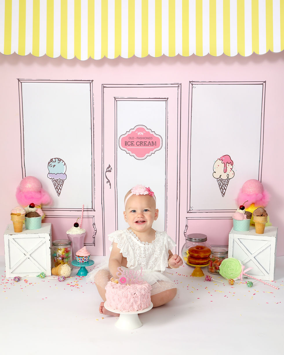 little girl with cake , ice cream and candy