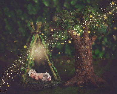 newborn baby boy in a tent in the forest with magical pixie dust
