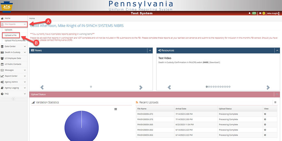 Pennsylvania UCR Main Menu Page