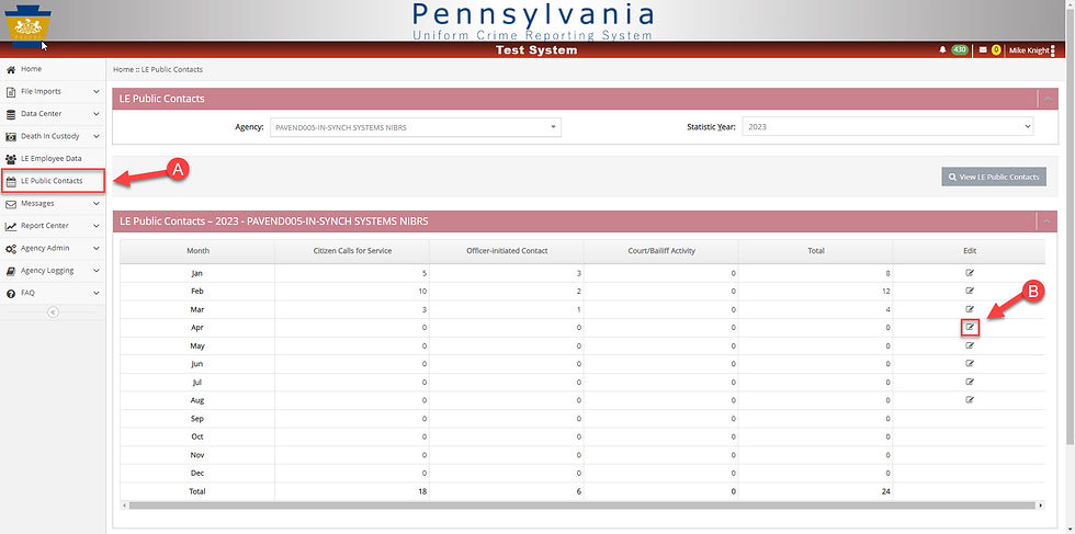 Pennsylvania UCR LE Public Contacts window