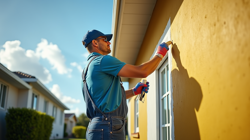 Eye-level view of a professional painter applying exterior paint on a Miami home