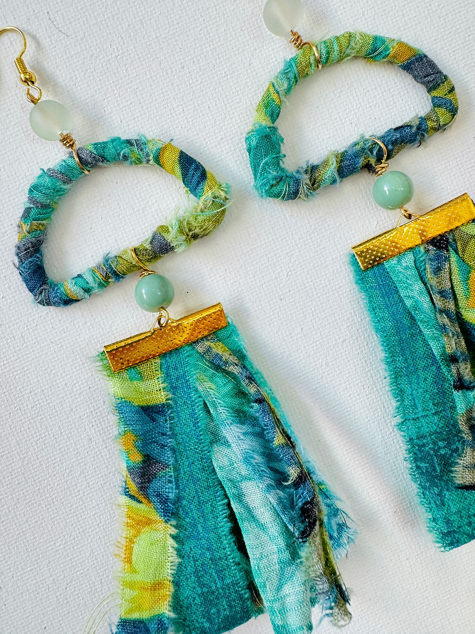 Thumbnail: Arched Teal Fabric-Wrapped Statement Earrings