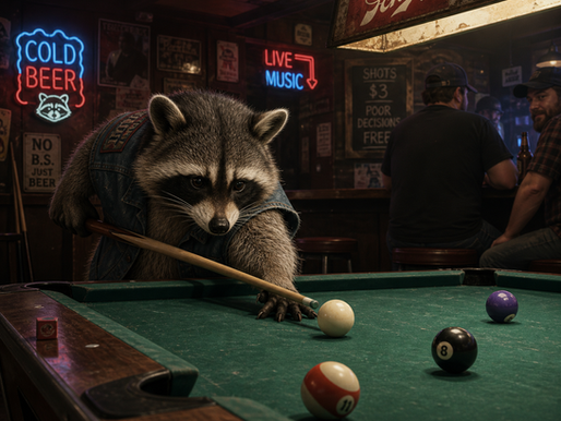 Raccon playing pool in a basement Dive Bar in Mooresville