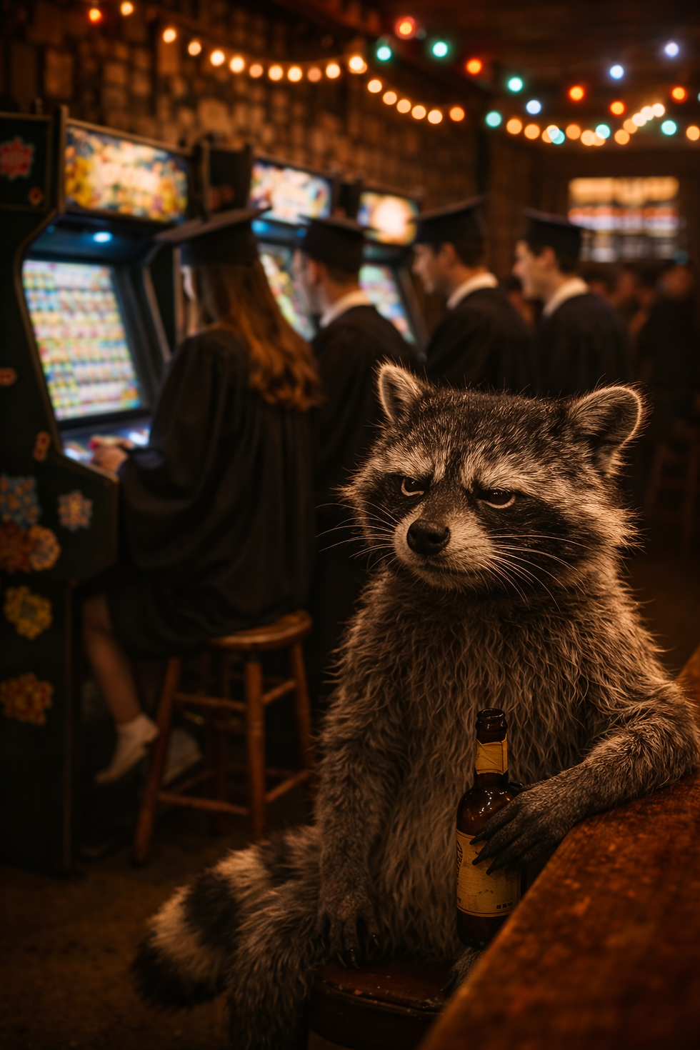 Rusty Barstool the raccoon with HPU and Wake Forest graduating students.