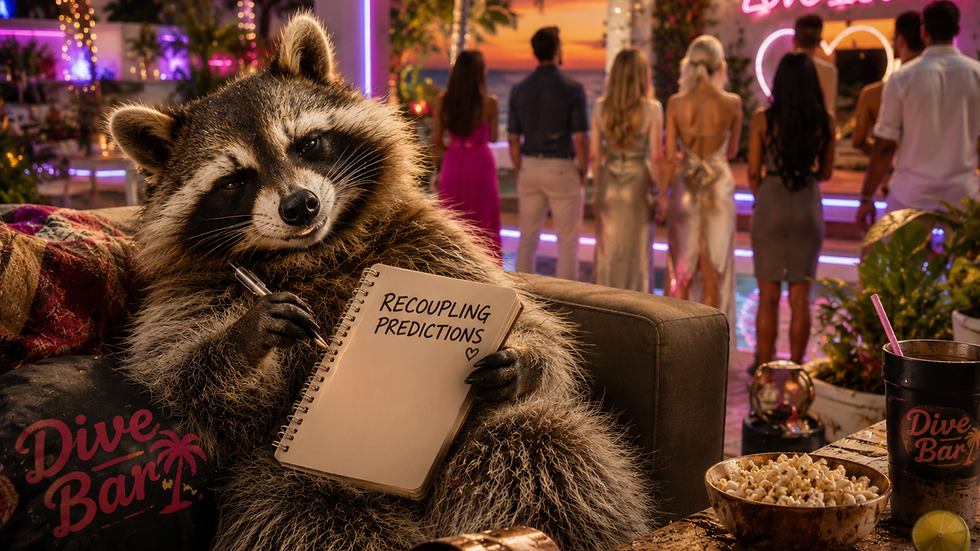 Rusty the Raccoon drinking Dive Bar drinks in the Love Island Villa