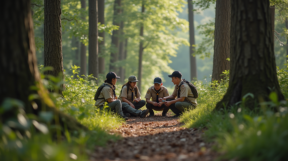Eye-level view of Troop 92 Scouts setting up camp in a lush forest