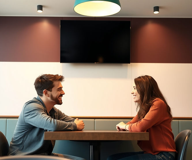 young couple sitting across a table smiling at each other. there is space between them..jp