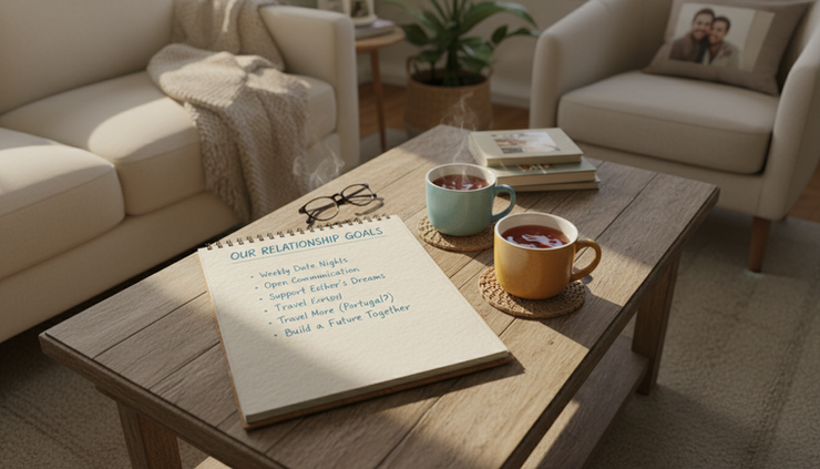 Overhead view of a notebook with handwritten relationship goals beside two cups of tea