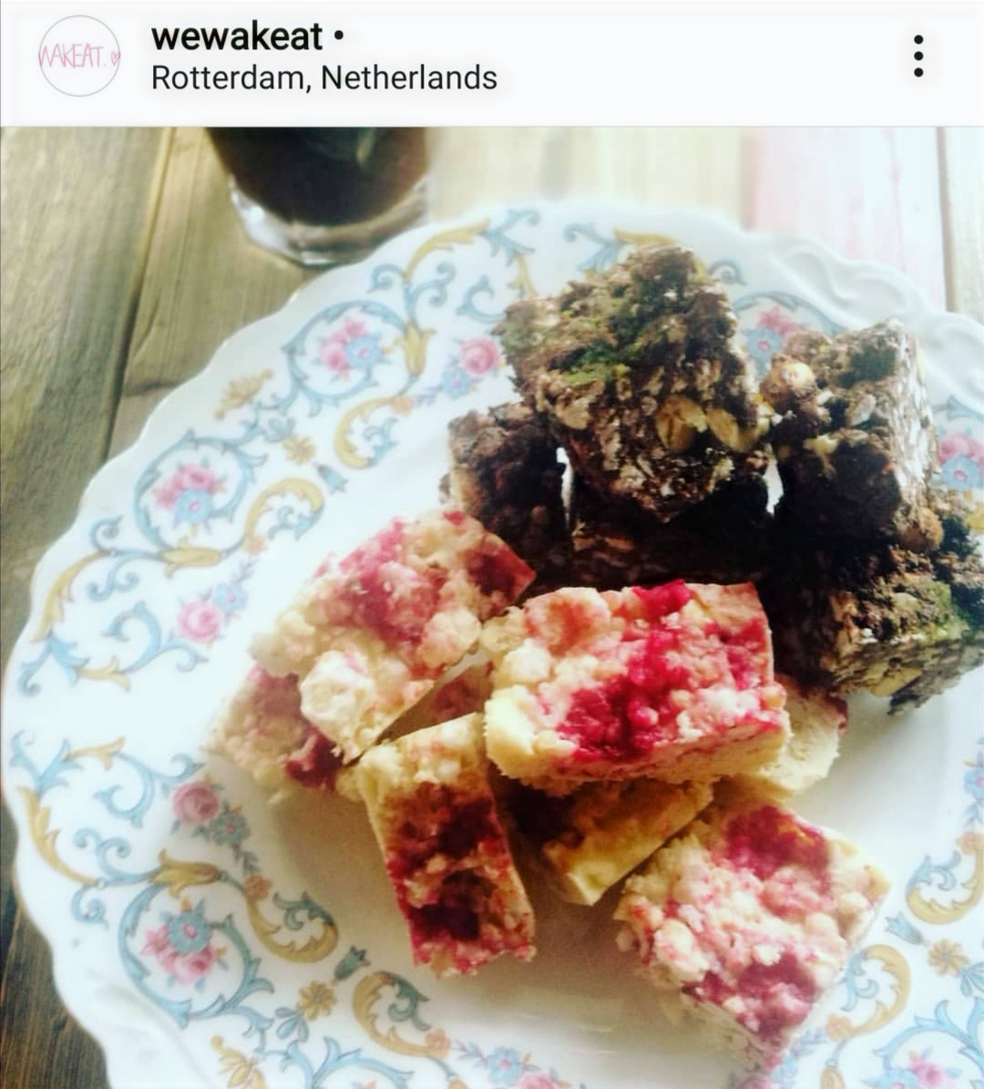 White chocolate and coconut with puffed rice and WAKEAT's new Pink miso