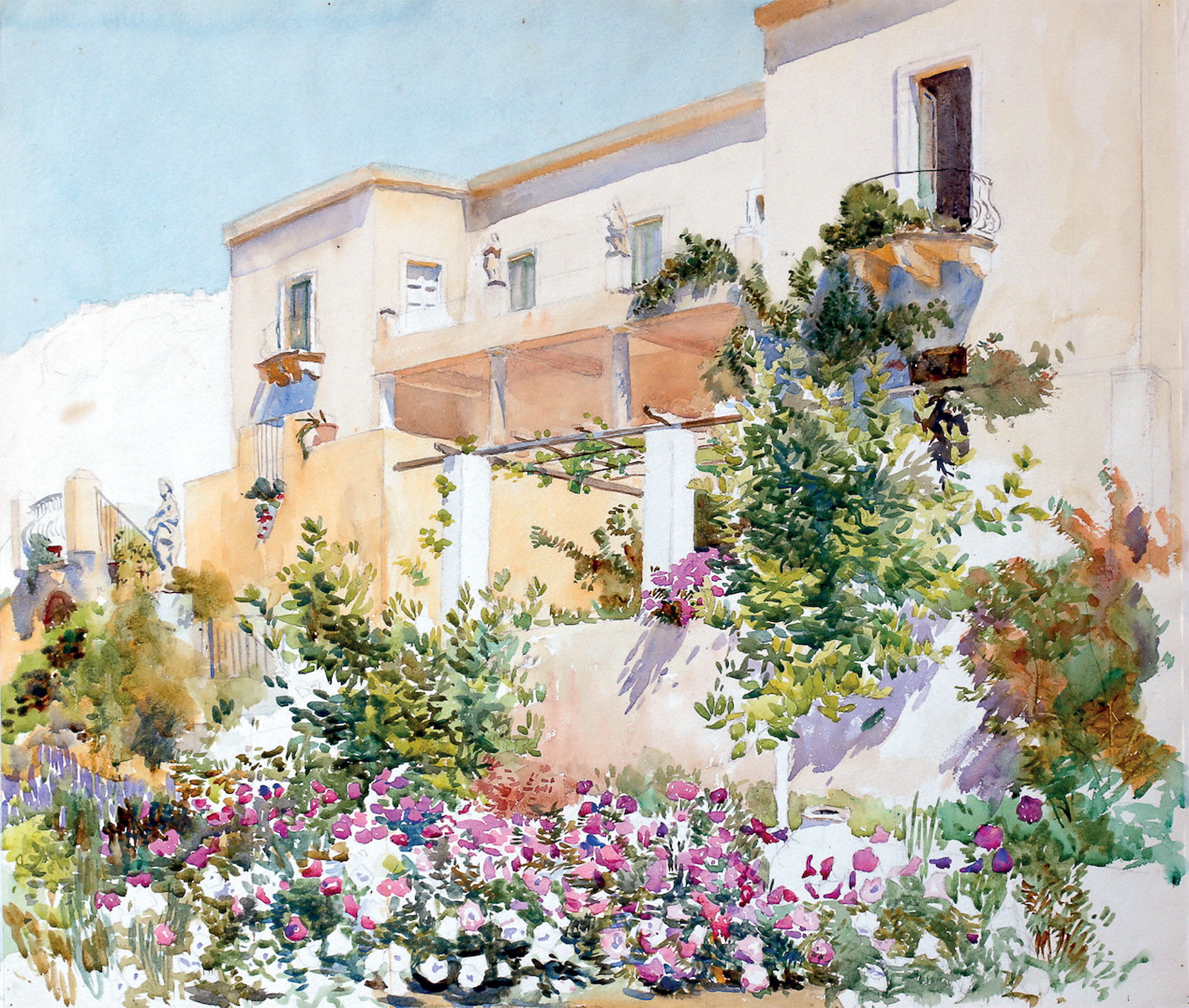 Acquerello - Prospetto di Casa Cuseni - Autore  Robert H. Kitson / cm 60 x 40