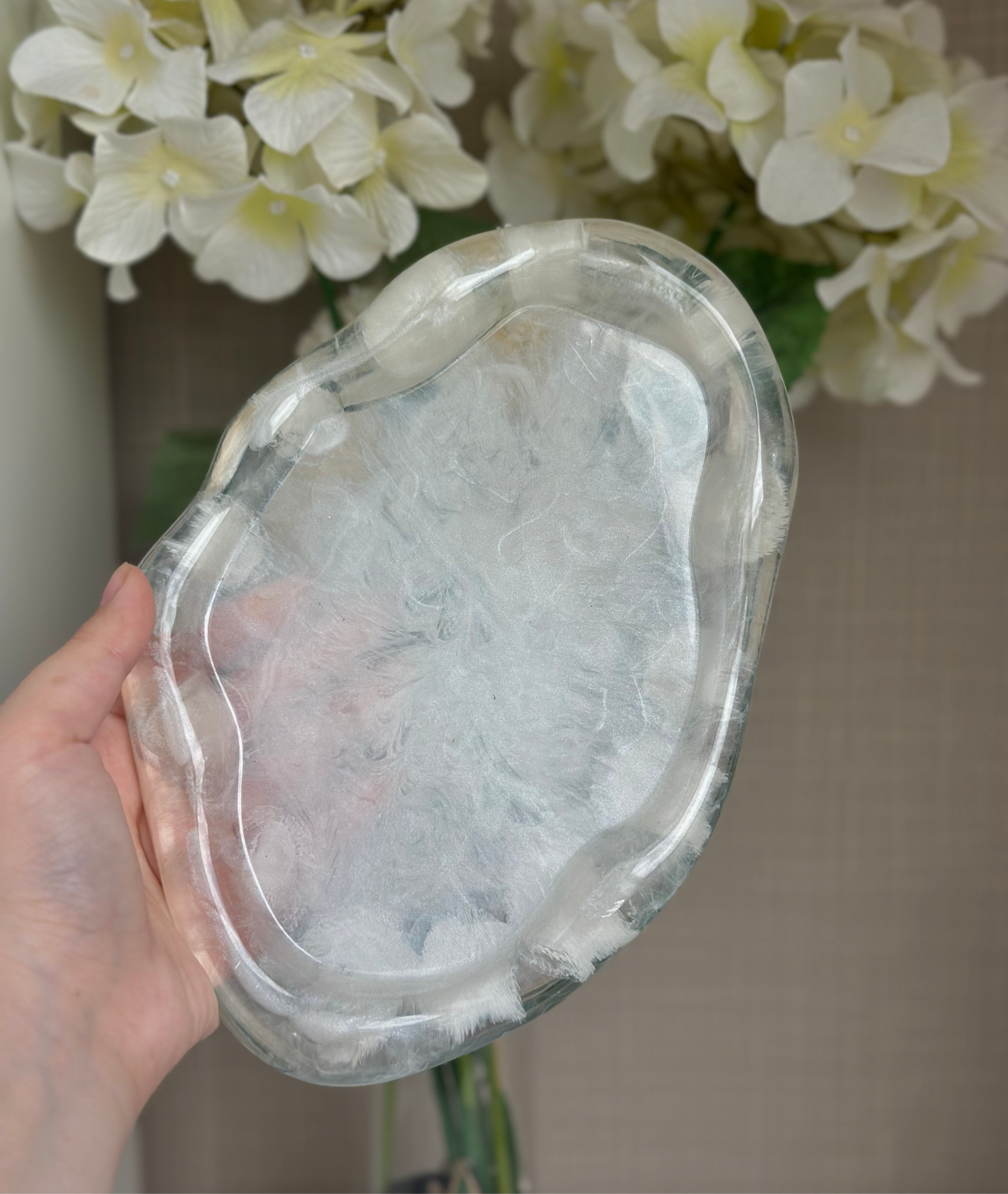 Grand plateau vide poche transparent et blanc