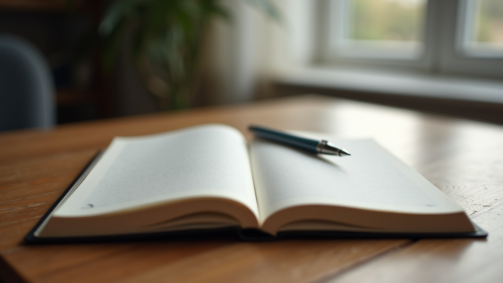 Eye-level view of an open notebook and pen on a wooden table