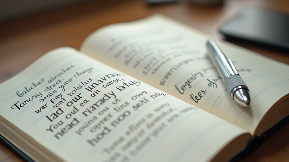 Close-up view of a journal with motivational quotes and a pen