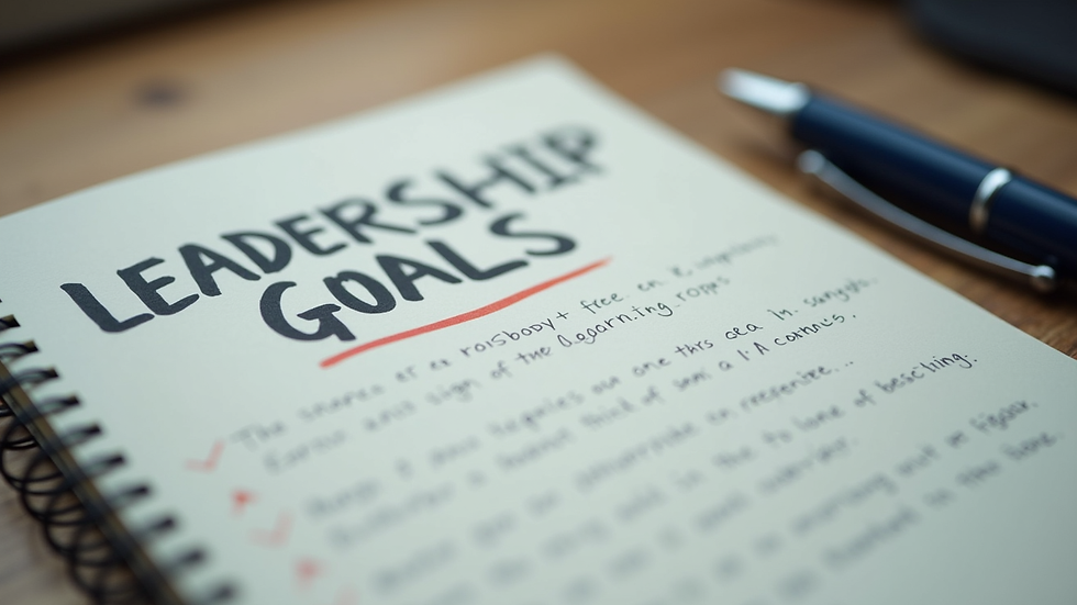 Close-up view of a notebook with leadership goals and a pen on a desk