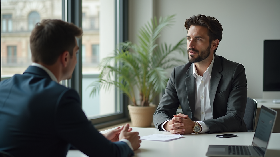 Eye-level view of a business coach and client discussing leadership strategies