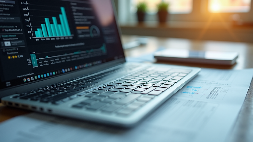 Close-up view of a laptop screen showing financial charts and business plan documents