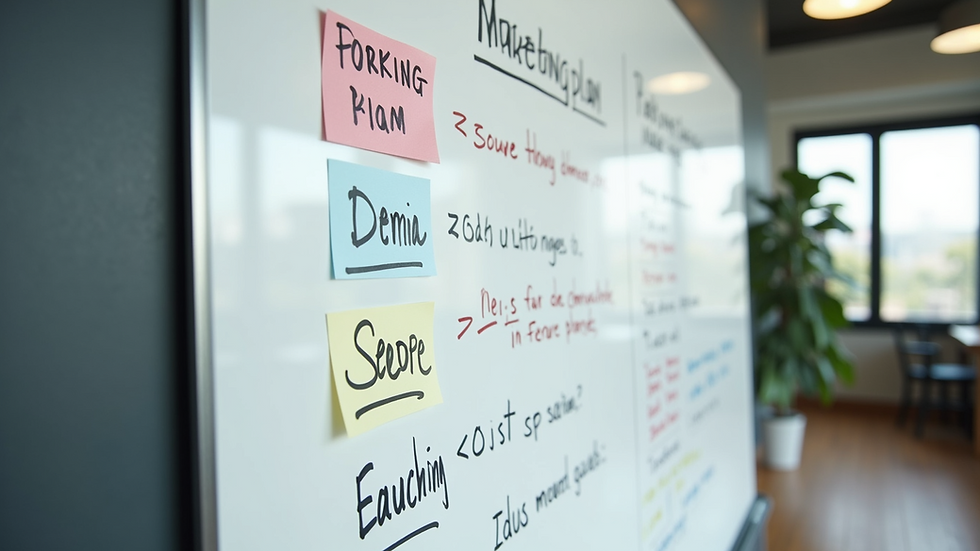 High angle view of a whiteboard with marketing plans and audience segmentation notes