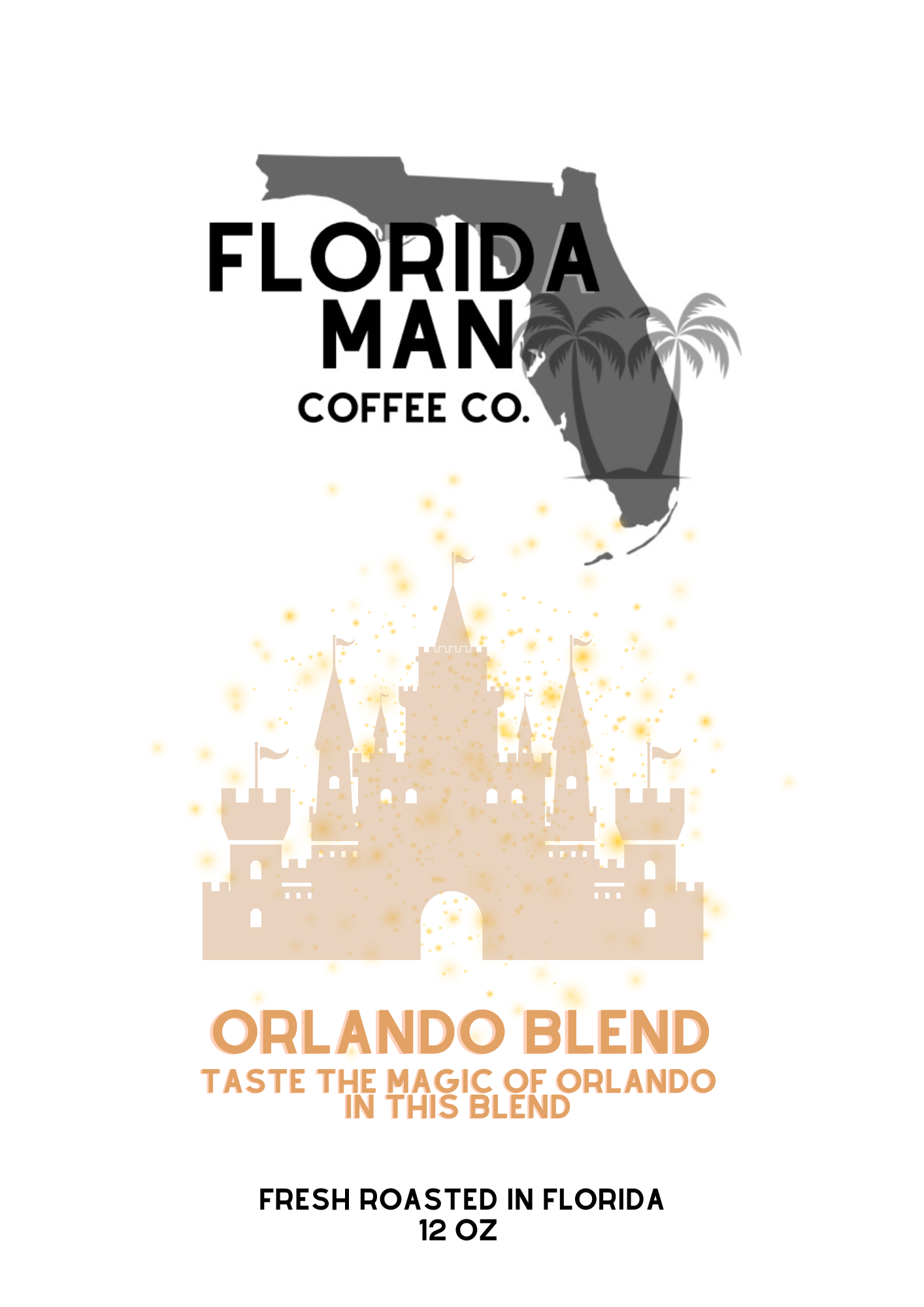 Florida Man Coffee Co Orlando Blend label with castle and Florida outline.