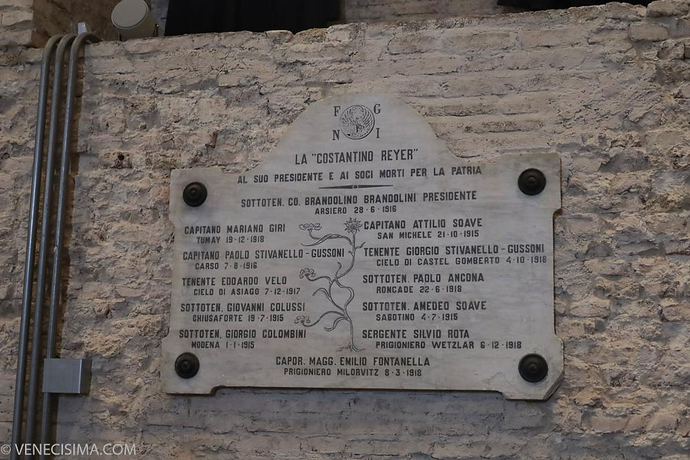 Placa en la fachada de la Scuola en la que el club deportivo Costantino Reyer que alberga un equipo de baloncesto, la dedica a los caidos en la I Guerra Mundial