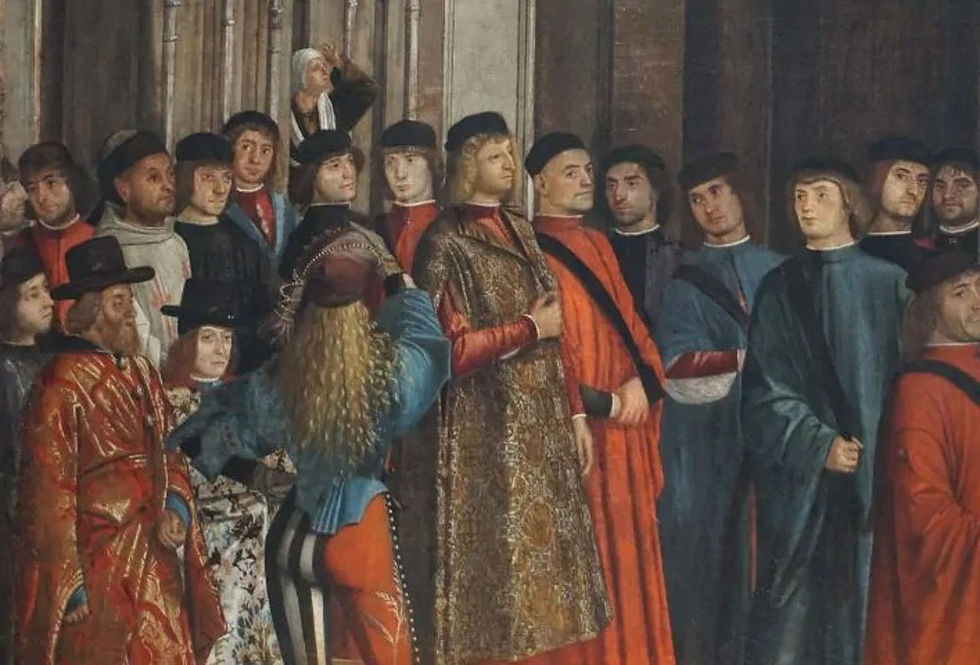 En el centro con una calza a rayas balncas y negras y la otra roja, caballero de la Compagnie della Calza