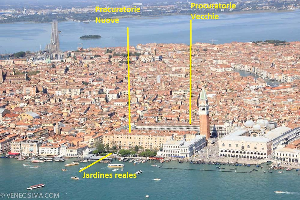 Fotografía aérea de la situación actual de las Procuratorie Nuove con vistas a la Laguna. Jardines Reales delante.