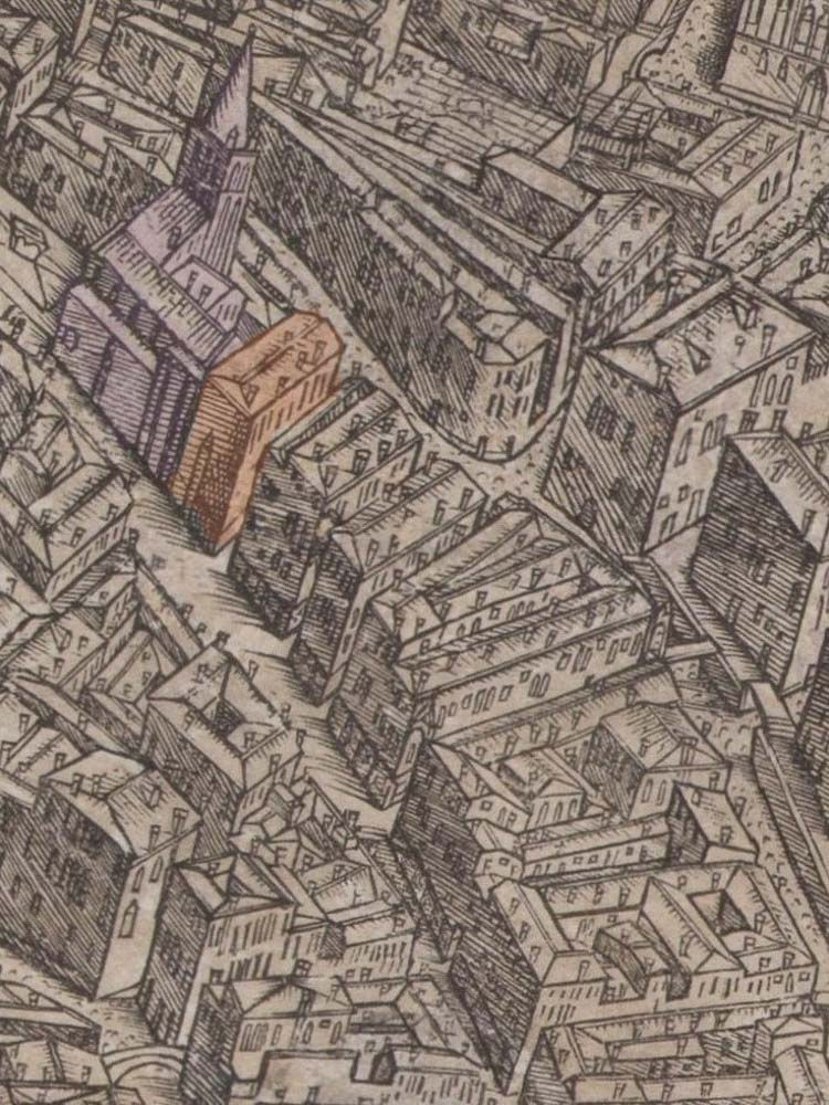 El edificio en mapa de Barbari (1499) resaltado en naranja, al lado de la iglesiade San Lio  (en tono malva)