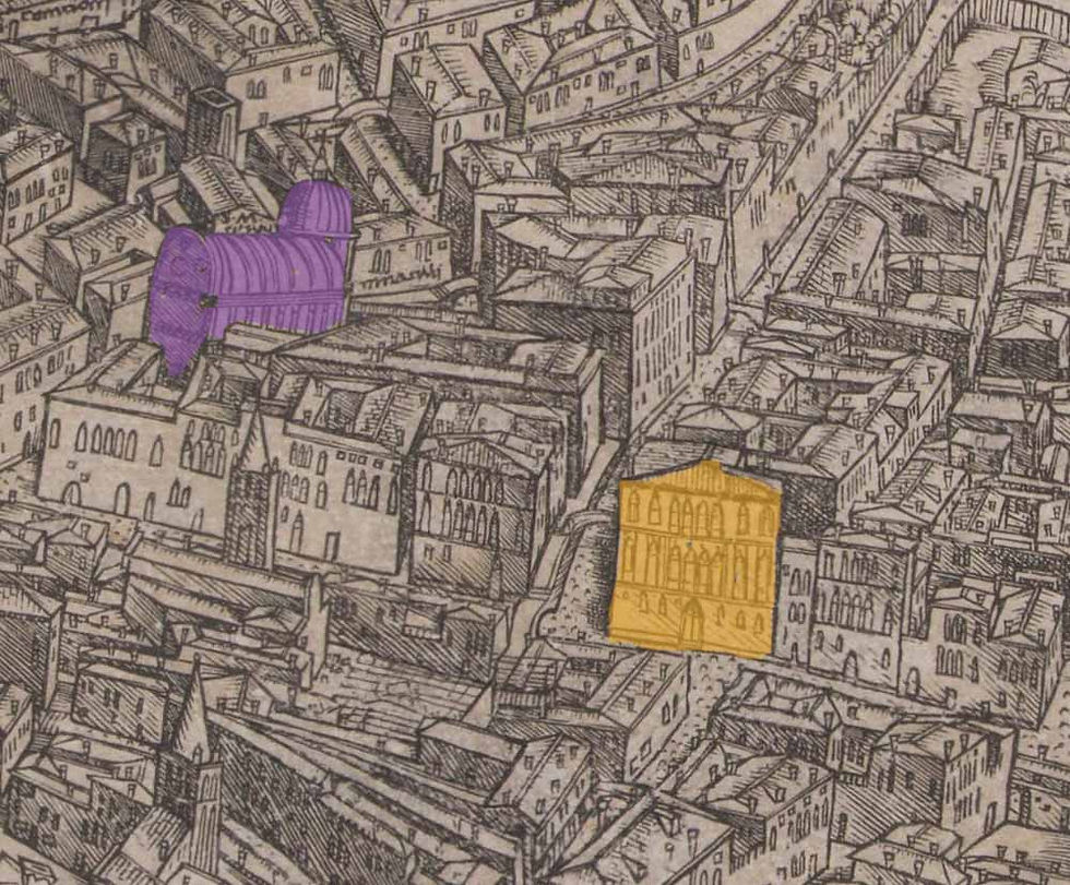 En amaillo el palacio Pisani de Santa Marina en 1499 (mapa de Barbari). En morado la iglesia dei Miracol