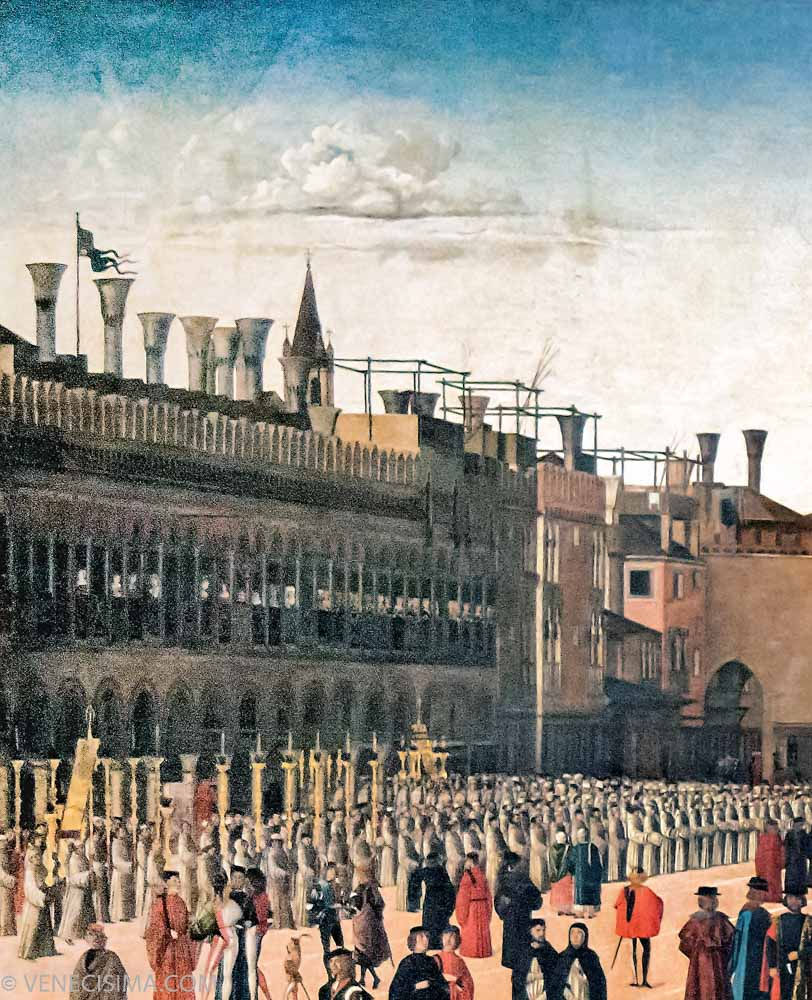 Detalle de las Procuratie Vecchie que todavía son los edificios de un sólo piso (cuadro "Procesión en la plaza de San Marcos"