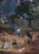 Demonio-pez que inclina un jarro y vierte vino y cabeza de monja con zapatos y búho en la cabeza