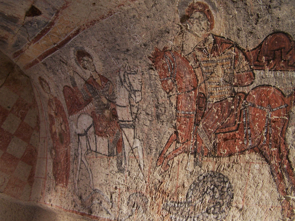 San Jorge contra una serpiente (Iglesia de Yilanli o de las Serpientes en Capadocia) datada entre sigo XI