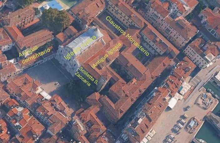 Detalle del mismo lugar en 2025 con la iglesia nueva y la iglesia antigua que quedó paralela