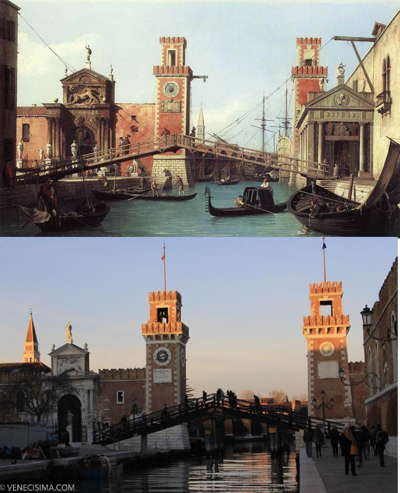 La entrada al Arsenale. Arriba, en cuadro de Canaletto del siglo XVIII. Abajo en el siglo XXI