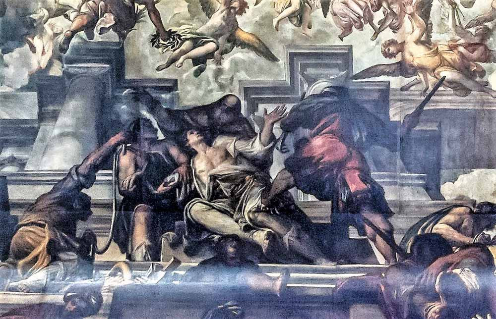 El martirio de San Pantaleón: los verdugos rodean a Pantaleon exhibiendo los instrumentos de la tortura: un palo, una cuerda, un gancho.