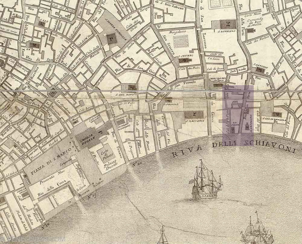 Mapa del siglo XVIII con la zona del Ospedale della Pietá