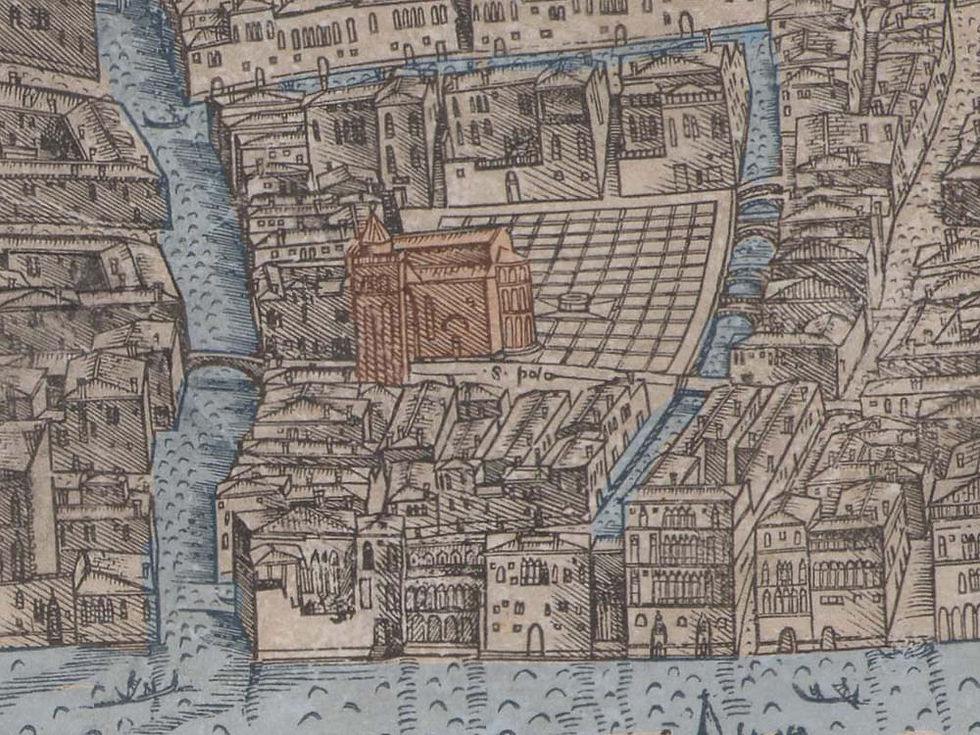 Campo San Polo y la iglesia de San Polo (en naranja) en mapa de Barbari (1499)