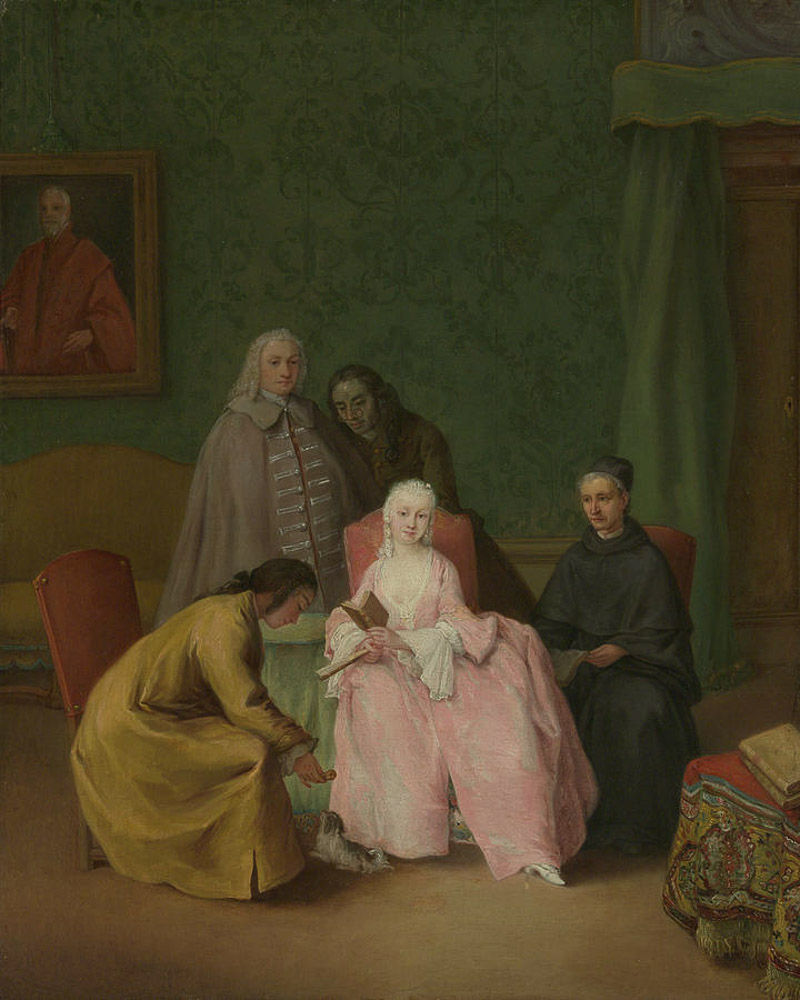 Una escena de la vida veneciana del siglo XVIII, mostrando una mujer elegante rodeada de cuatro hombres en el interior de un palacio (cuadro de Pietro Longhi)