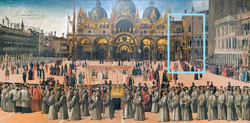 El cuadro de Bellini de 1496 en el que ya se puede ver la Porta della Carta: procesión en la Plaza de San Marcos
