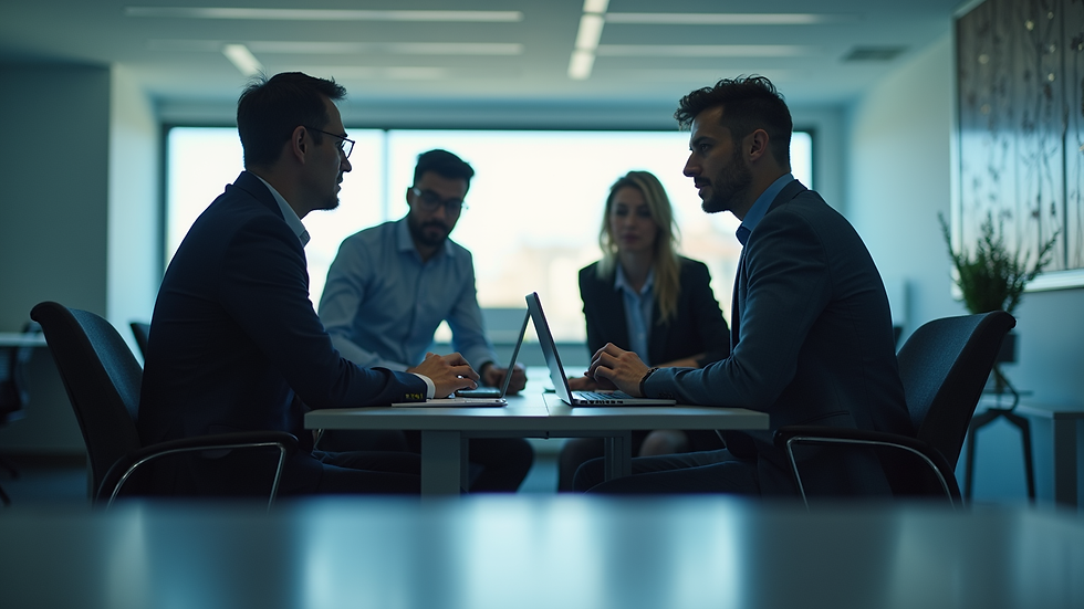 Vue en plongée d’une salle de réunion avec des experts en cybersécurité discutant autour d’un ordinateur portable