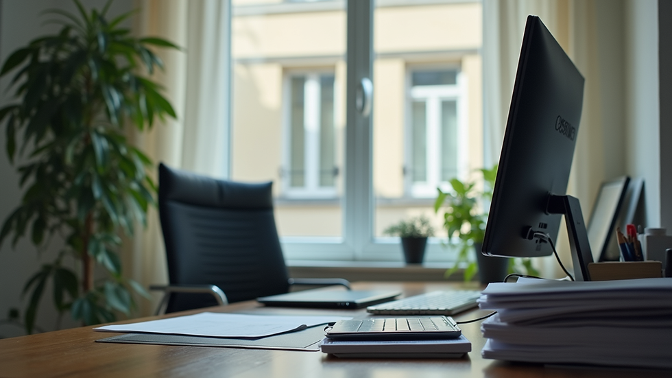 Vue rapprochée d’un bureau avec un ordinateur et des documents de formation