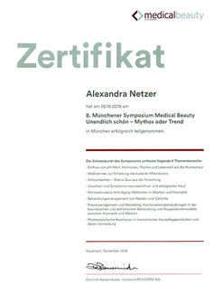 Zertifikat von medical beauty: 8. Münchner Symposium Medical Beauty / Unendlich schön - Mythos oder Trend (2018)