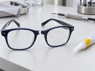 Broken glasses beside unopened superglue before professional frame repair