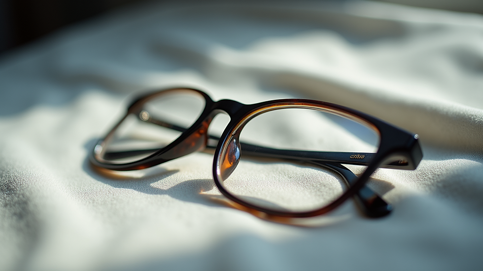 Close-up view of a pair of eyeglasses resting on a soft cloth
