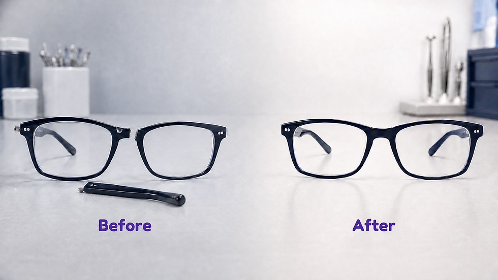 Before and after glasses repair showing broken frames restored