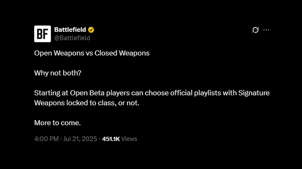 Battlefield 6 Open Beta playlist: Open Weapons vs Closed Weapons