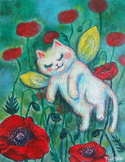 a fairy kitten and red flowers