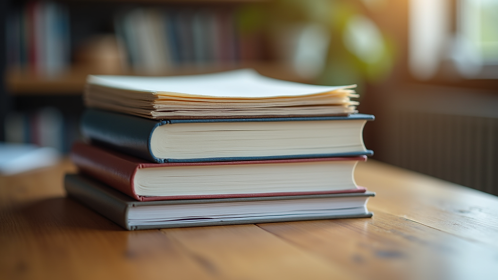 Eye-level view of a stack of financial books on a wooden table