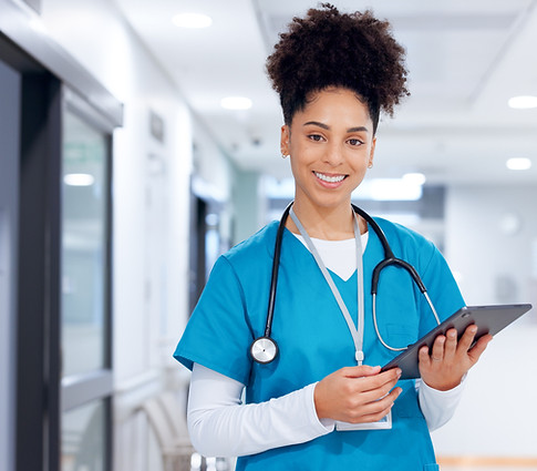 portrait-happy-woman-surgeon-tablet-test-results-medical-update-appointment-booking-smile-