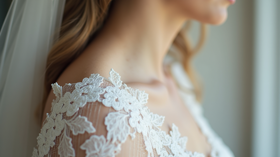 Close-up view of delicate lace detailing on a wedding dress sleeve