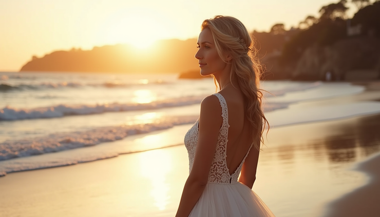 Eye-level view of a bride in a flowing lace wedding dress standing on a Sydney beach at sunset